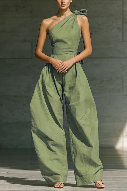 Solid Color Sleeveless One-shoulder Fitted Waist Casual Pocket Loose Wide-leg Jumpsuit