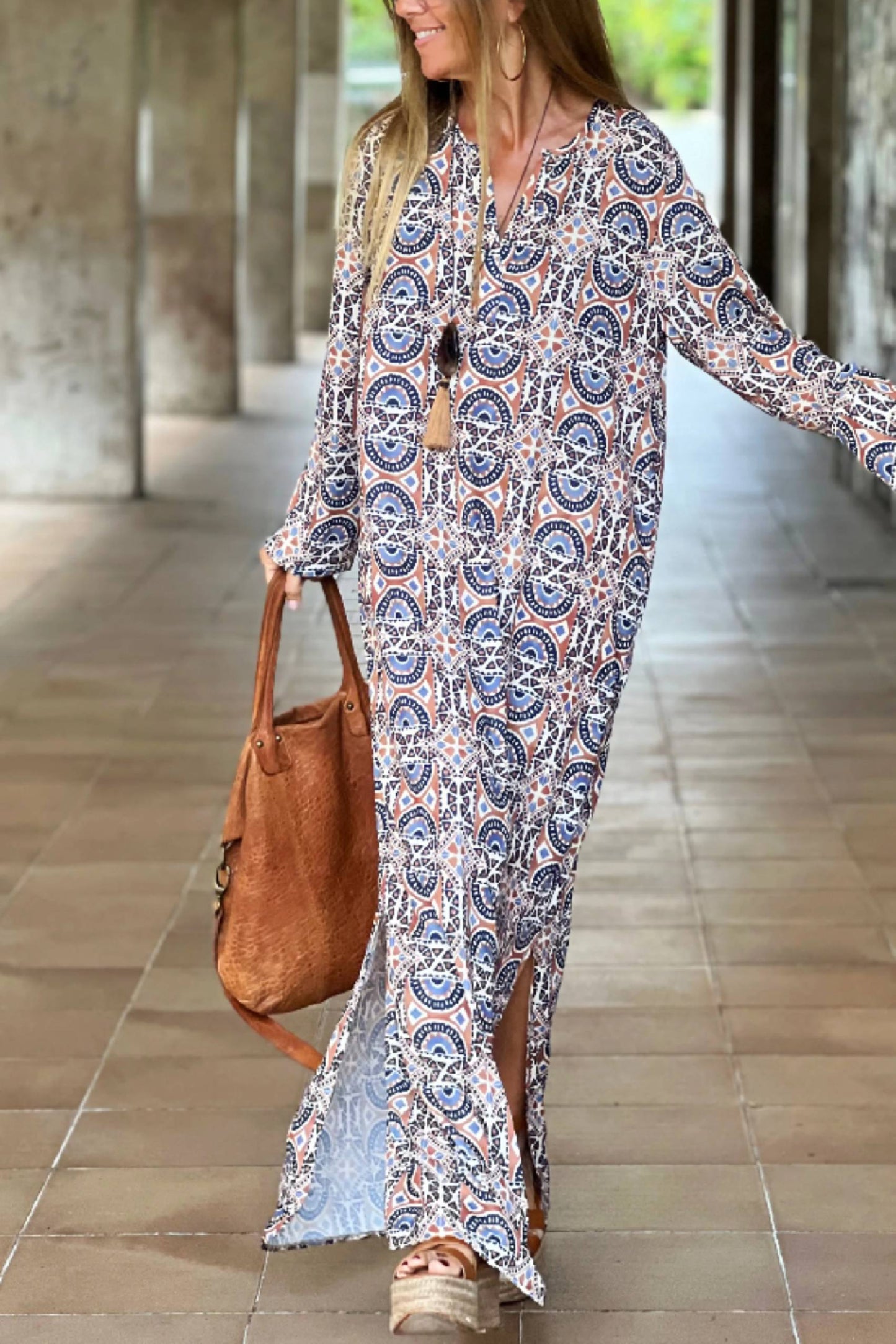 Unique Printed Long Sleeve V-neck Loose Maxi Dress