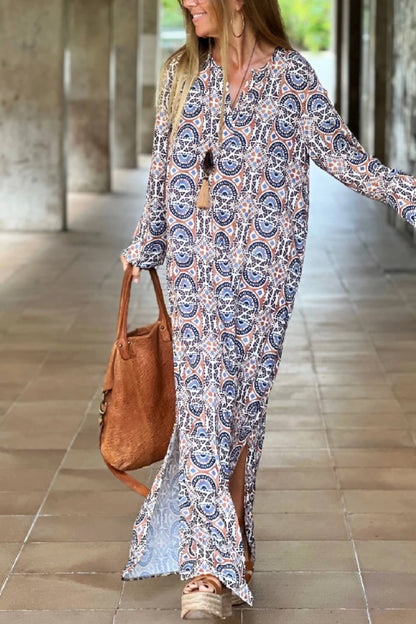 Unique Printed Long Sleeve V-neck Loose Maxi Dress