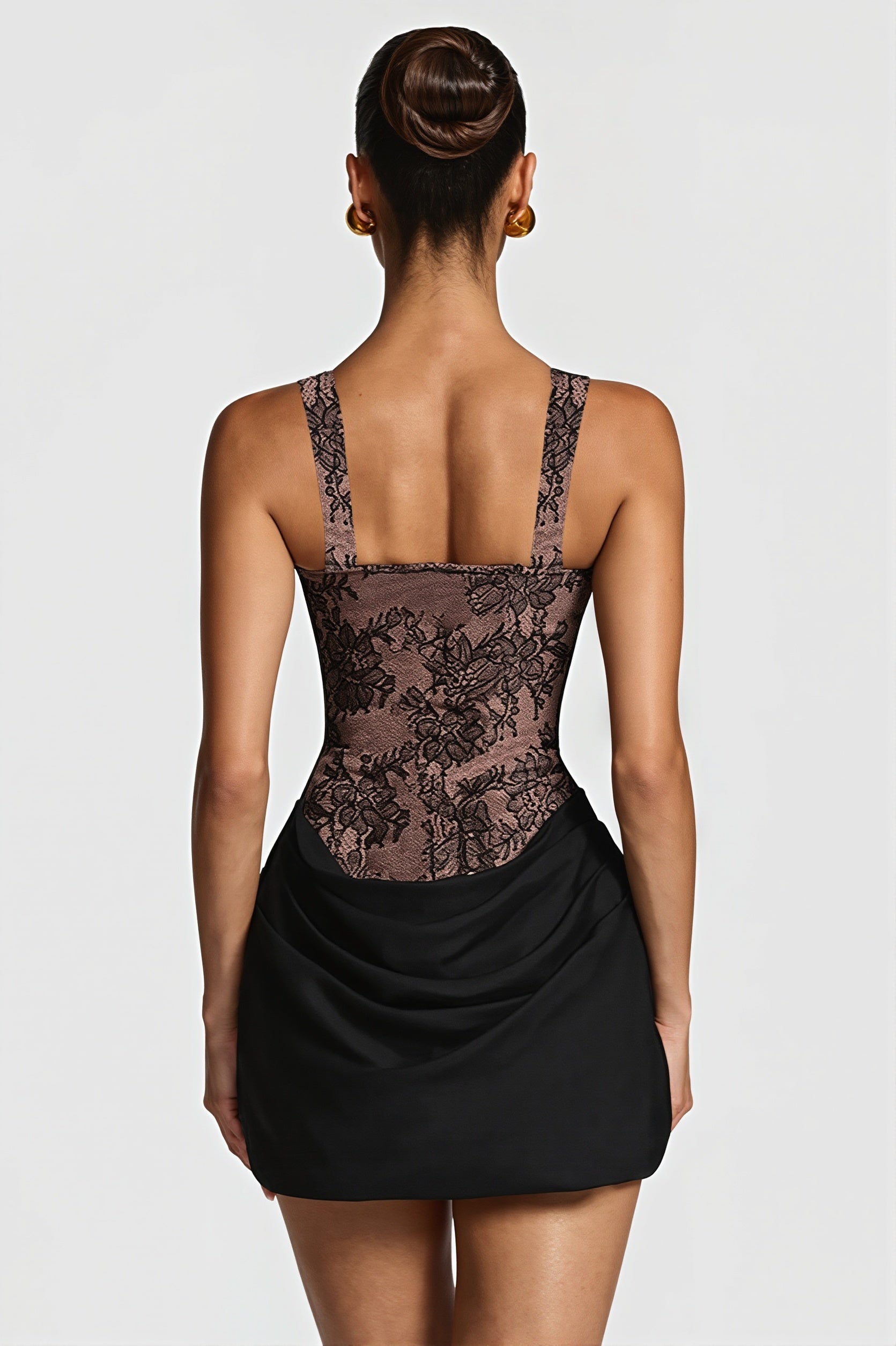 Floral Lace Corset Bodice Draped Satin Ruched Mini Dress