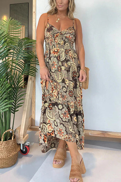 Neck Back Lace-up Slit Floral Print Maxi Cami Dress