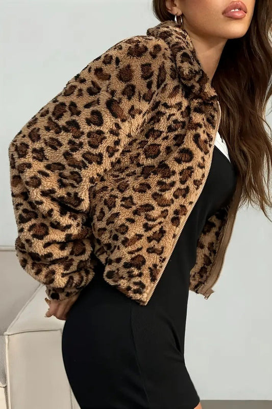 Elegant Leopard Print Hooded Zip-Up Coat