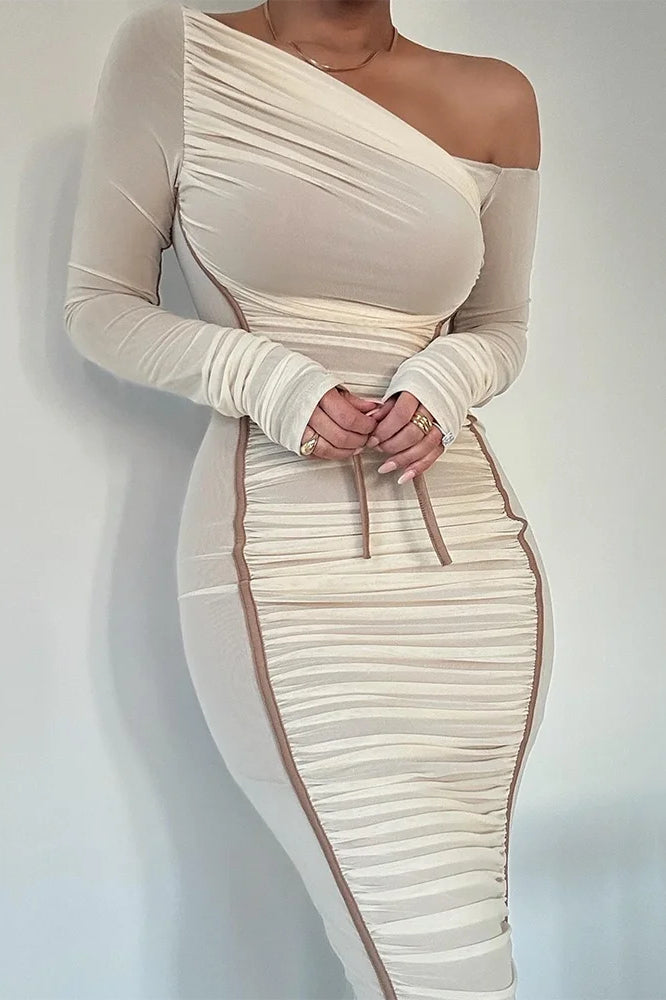 Asymmetric One-Shoulder Mesh Ruched Piping Drawstring Midi Dress