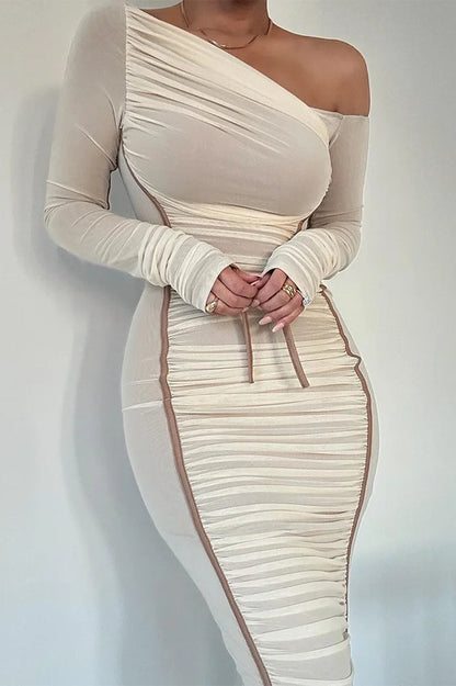 Asymmetric One-Shoulder Mesh Ruched Piping Drawstring Midi Dress