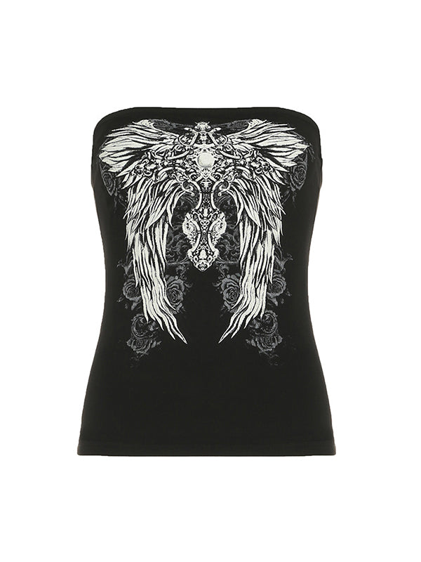 Black Y2k Wings Print Personalisation Bandeau Top