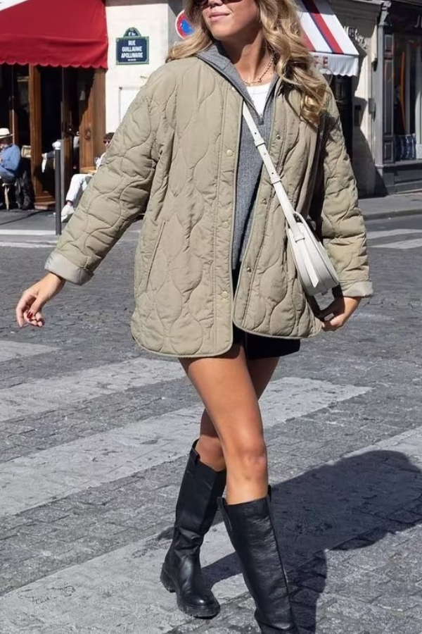 Solid Color Loose Round Neck Quilted Jacket