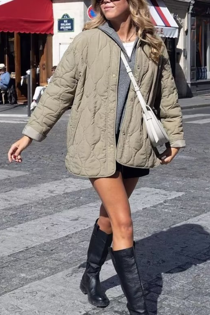 Solid Color Loose Round Neck Quilted Jacket