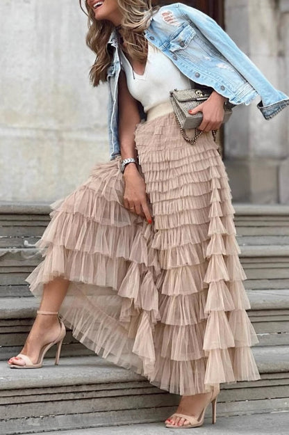 Tiered Sheer Mesh A-Line Maxi Skirt