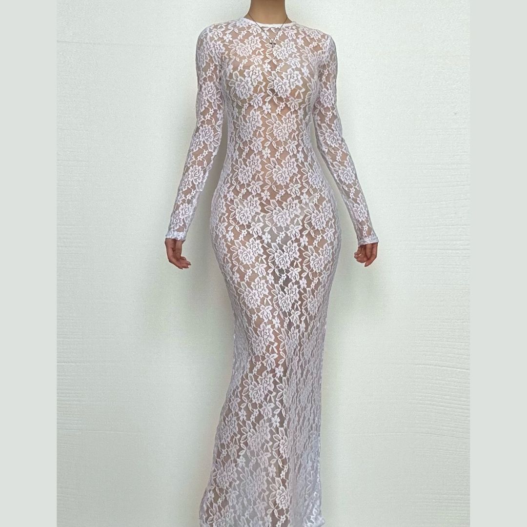 Lace see through long sleeve solid crewneck maxi dress