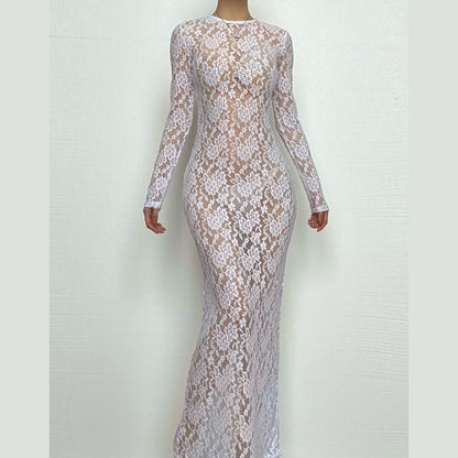 Lace see through long sleeve solid crewneck maxi dress
