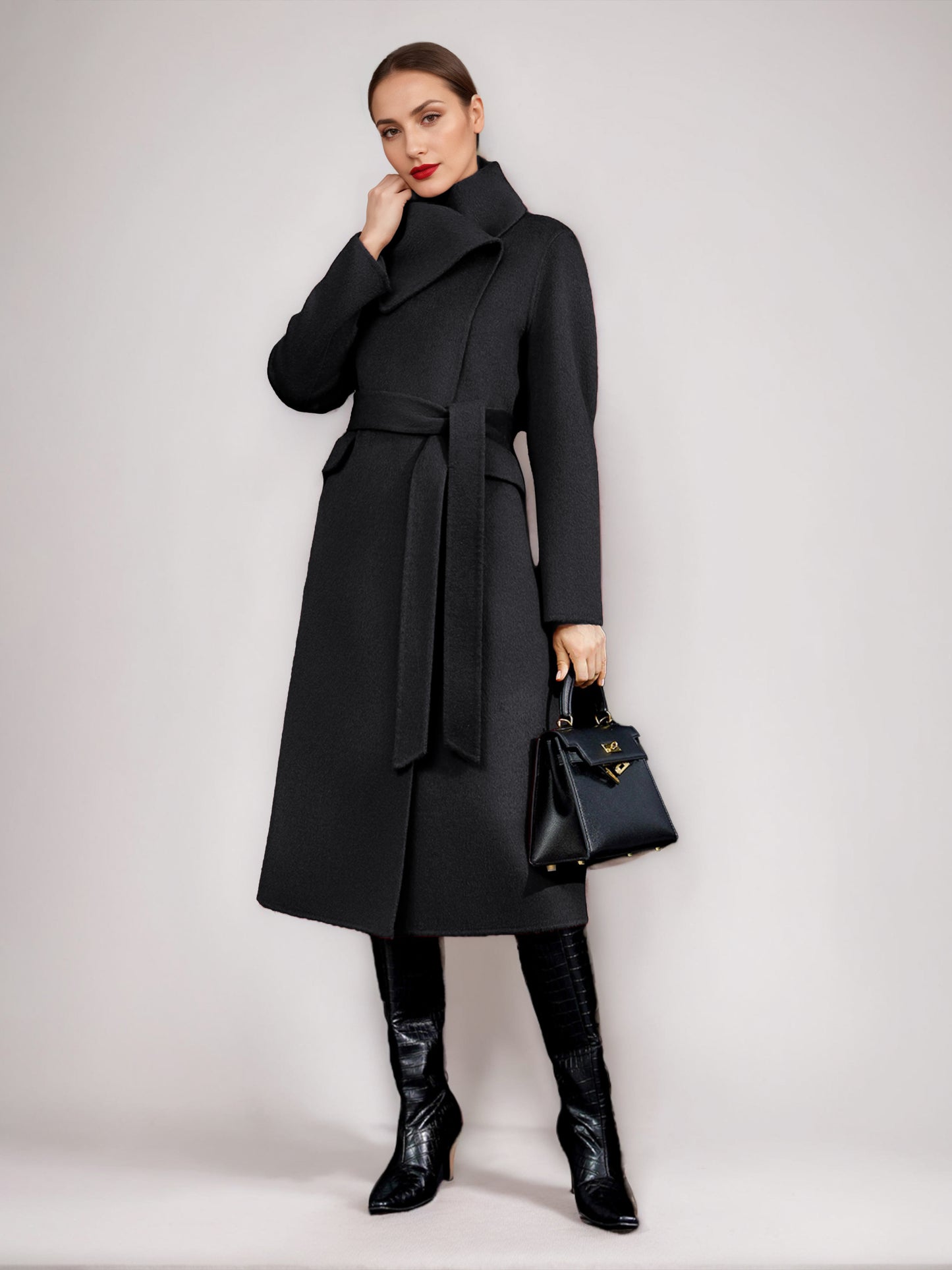Wool Cashmere Blend Coat For Woman Winter Red Belted Double-Faced Wrap Outerwear 2026