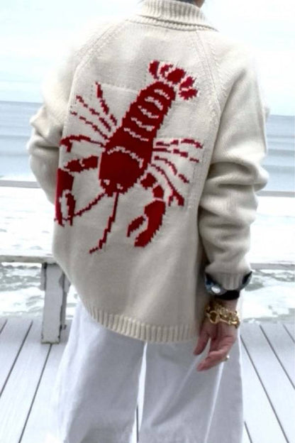 Chunky and Unique Knit Contrast Color Lobster Button Pocket Loose Cardigan
