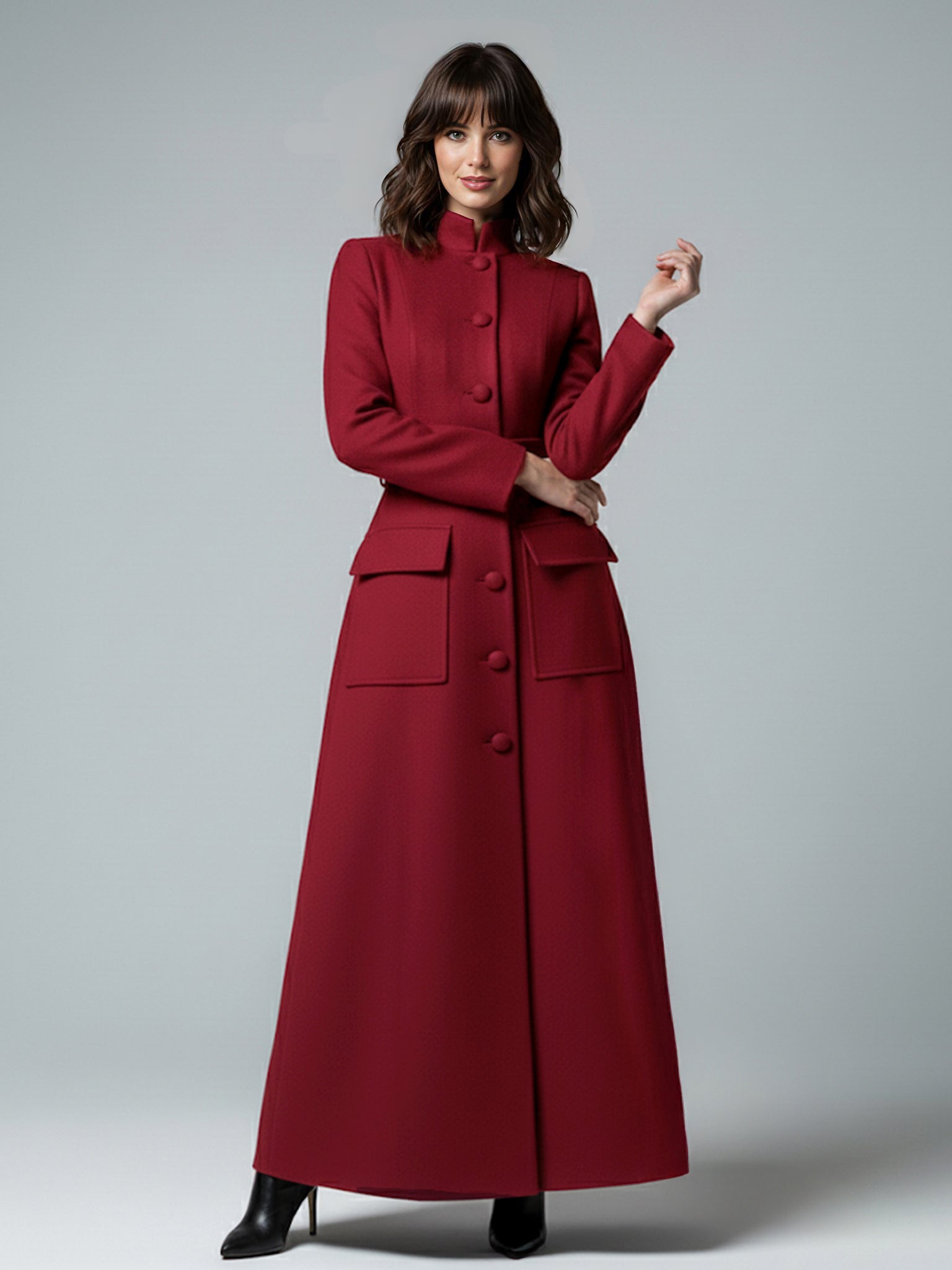 Woolen Full-Length Maxi Coat With Stand Collar And Flap Pockets For Women 2026