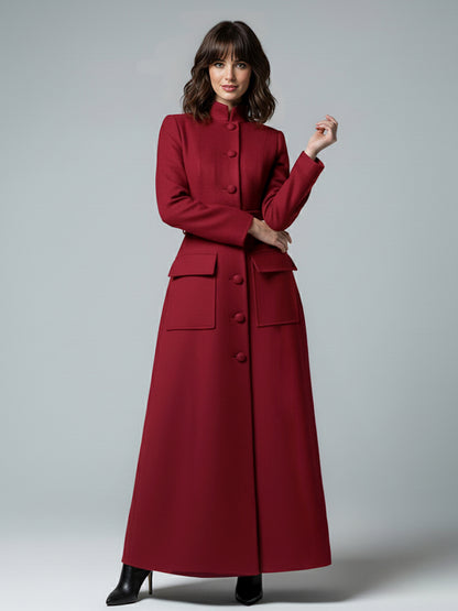 Woolen Full-Length Maxi Coat With Stand Collar And Flap Pockets For Women 2026