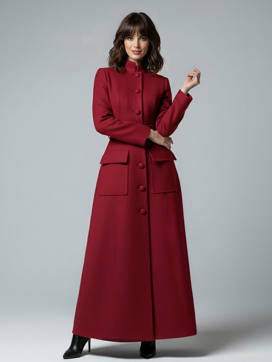 Woolen Full-Length Maxi Coat With Stand Collar And Flap Pockets For Women 2026