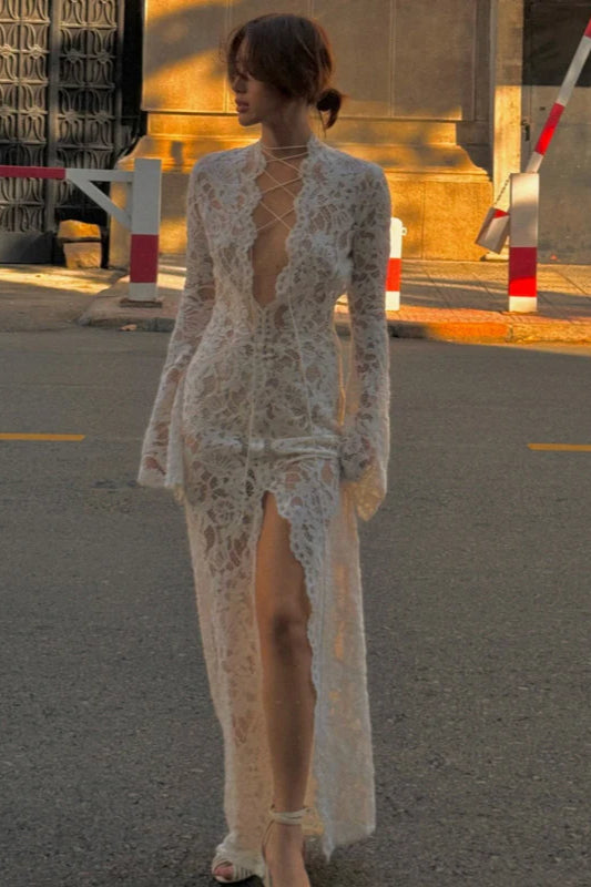 Lace Patchwork Slit Long Sleeve Maxi Dress
