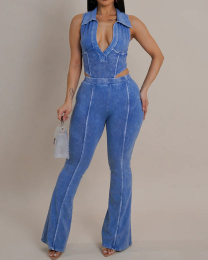 Washed Distressed Line Stitching Suit