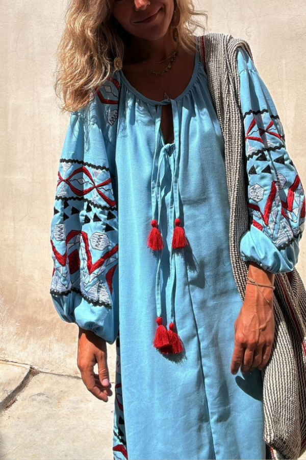 Blue V-neck Tie Ethnic Style Retro Print Long Skirt