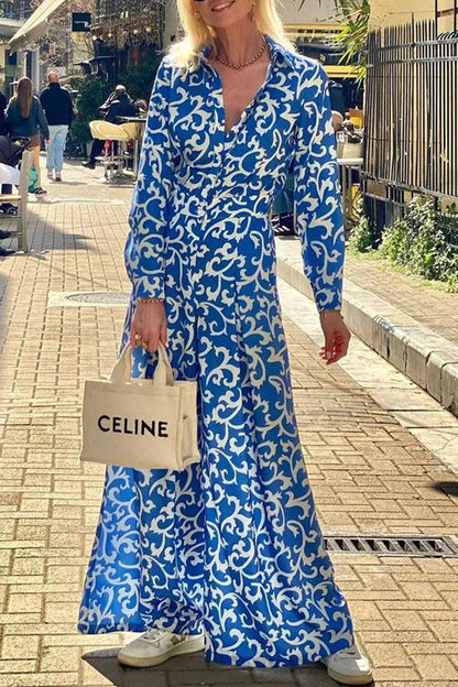 Ethnic Print Lapel Button Pocket Long Sleeve Shirt Maxi Dress