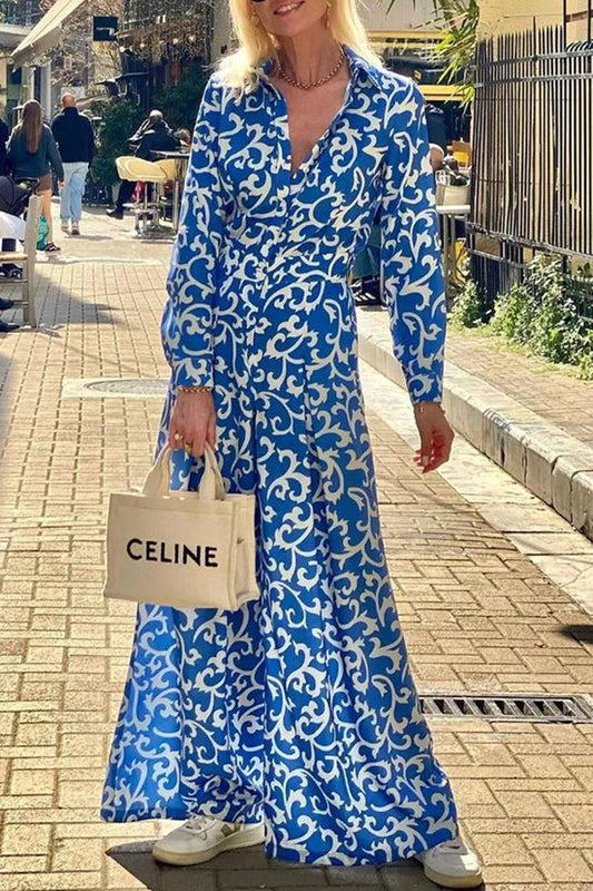 Ethnic Print Lapel Button Pocket Long Sleeve Shirt Maxi Dress