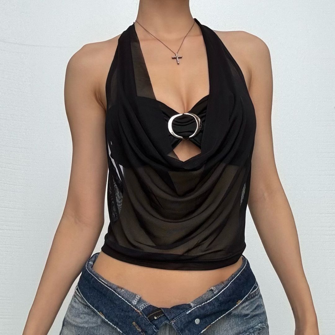 Halter self tie mesh backless solid 2 piece top