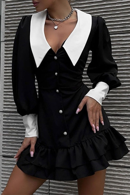 Contrast Point Collar Puff Sleeve Pearl Button Ruched Tiered Mini Dress