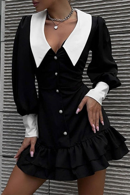 Contrast Point Collar Puff Sleeve Pearl Button Ruched Tiered Mini Dress