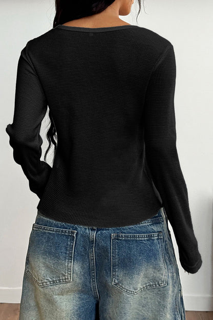 Button-Front Long Sleeve Knit Top