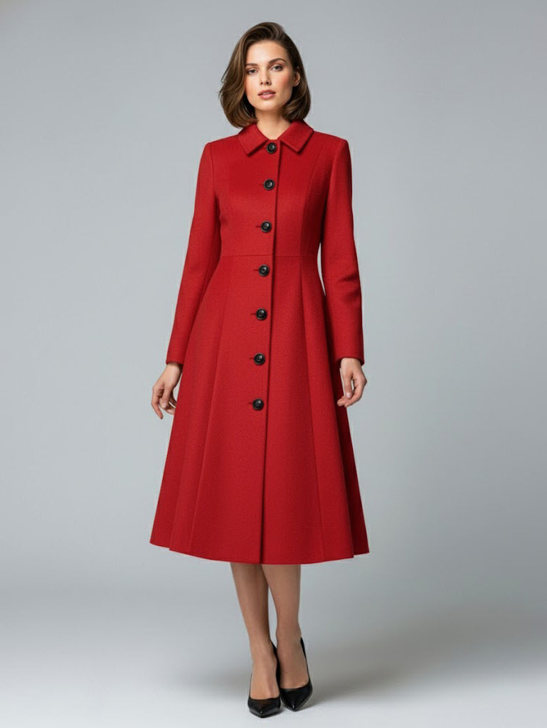 Woolen A-Line Midi Coat With Shirt Collar For Women 2026