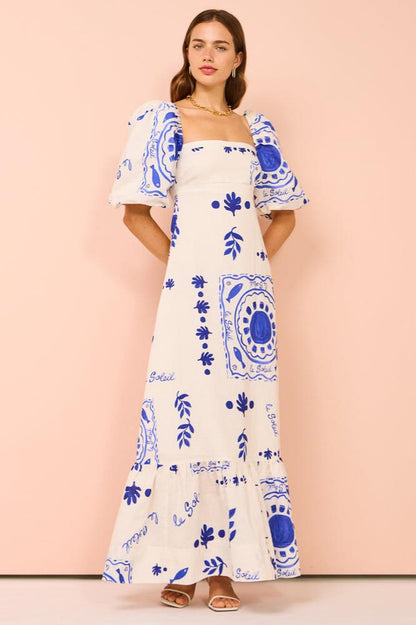 Mediterranean-Puff Sleeve Midi Dress