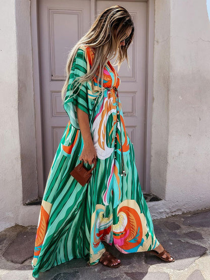 Geometric Kaftan Dress for Women - Boho Drawstring Waist High Slit Maxi Cover-up Dress - Summer Beach Resort Wear 2026