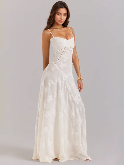 Boho Jacquard Sheer Maxi Dress for Women - Cream White Lace-up Back Slim Fit A-Line Flowy Cami Gown - Summer Beach Party 2026