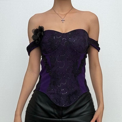 Off shoulder embroidery glitter flower applique top
