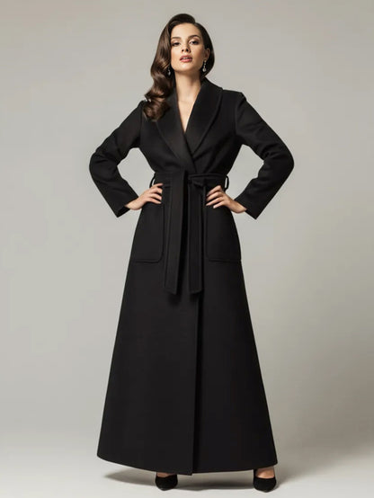 Belted Woolen Full-Length Maxi Coat With Wide Shawl Collar For Women 2026