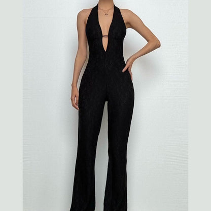 Halter self tie deep V neck lace backless jumpsuit