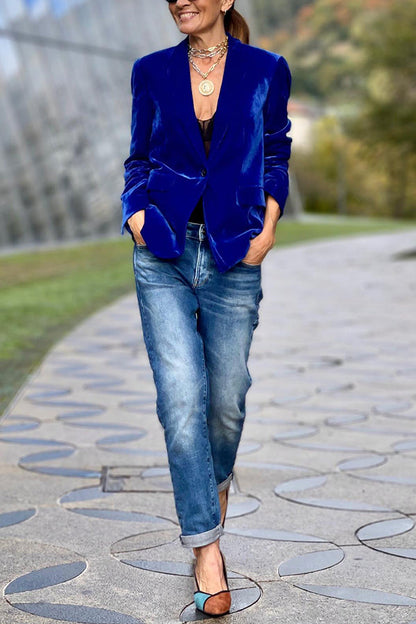 Blue Gold Velvet Lapel Blazer