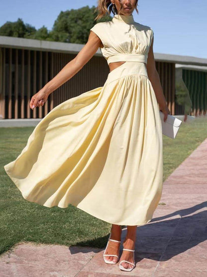 Mock Neck Sleeveless Waist Cutout Pocketed A-Line Midi Dress