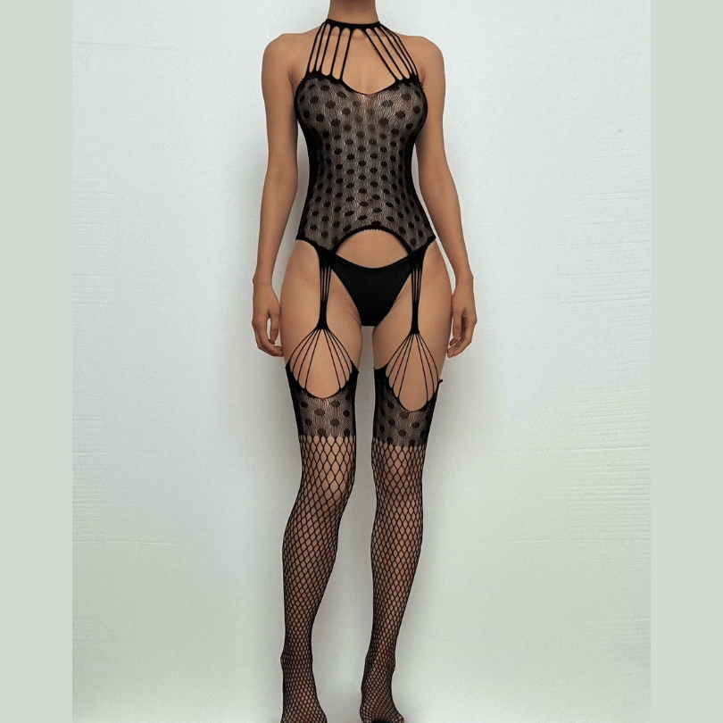 Halter fishnet patchwork net suspender strappy bodystocking