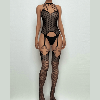 Halter fishnet patchwork net suspender strappy bodystocking