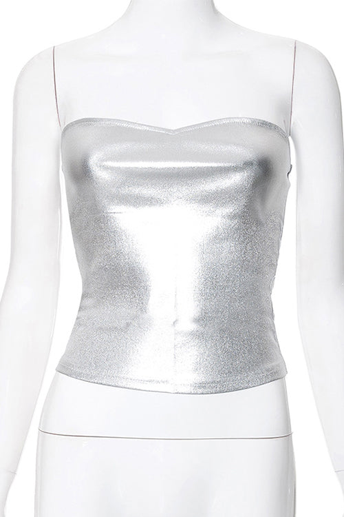 Strapless Metallic Crop Tube Top