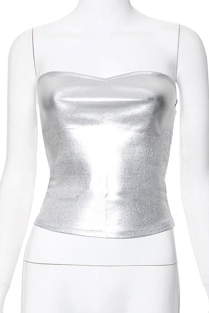 Strapless Metallic Crop Tube Top