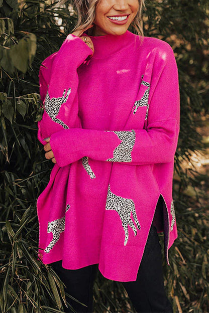 High Neck Side Slit Cheetah Pattern Sweater