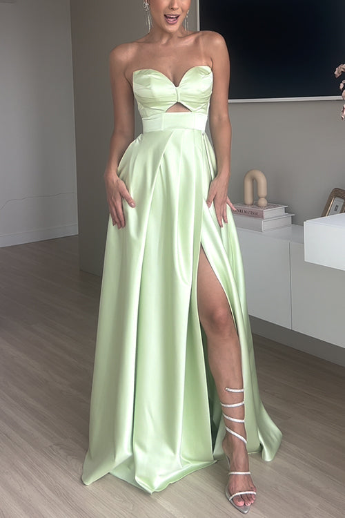 Strapless Cut Out Back Lace-up Slit Maxi Party Dress