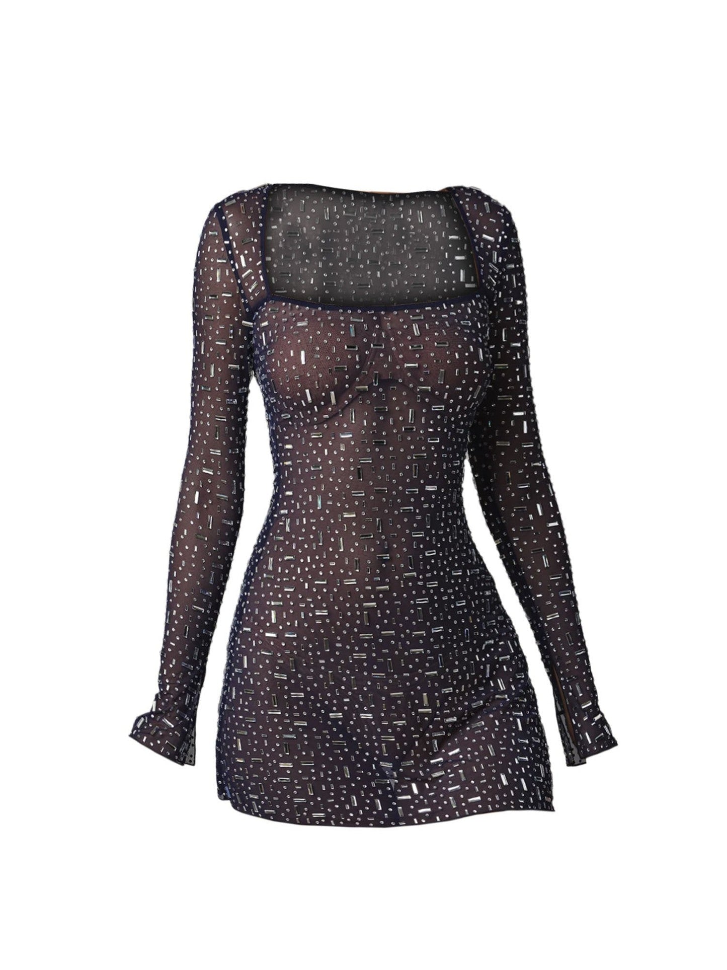 Sequins Rhinestone Semi See through Full Sleeve Short Dress