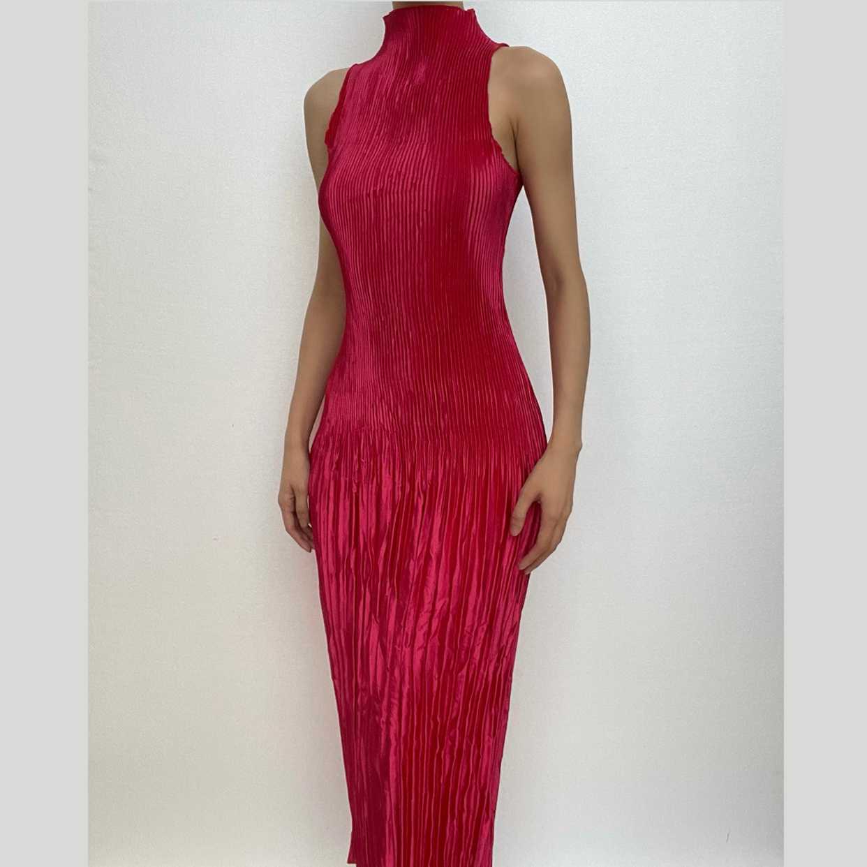Plisse Pleated Mock Neck Sleeveless Bodycon Midi Dress