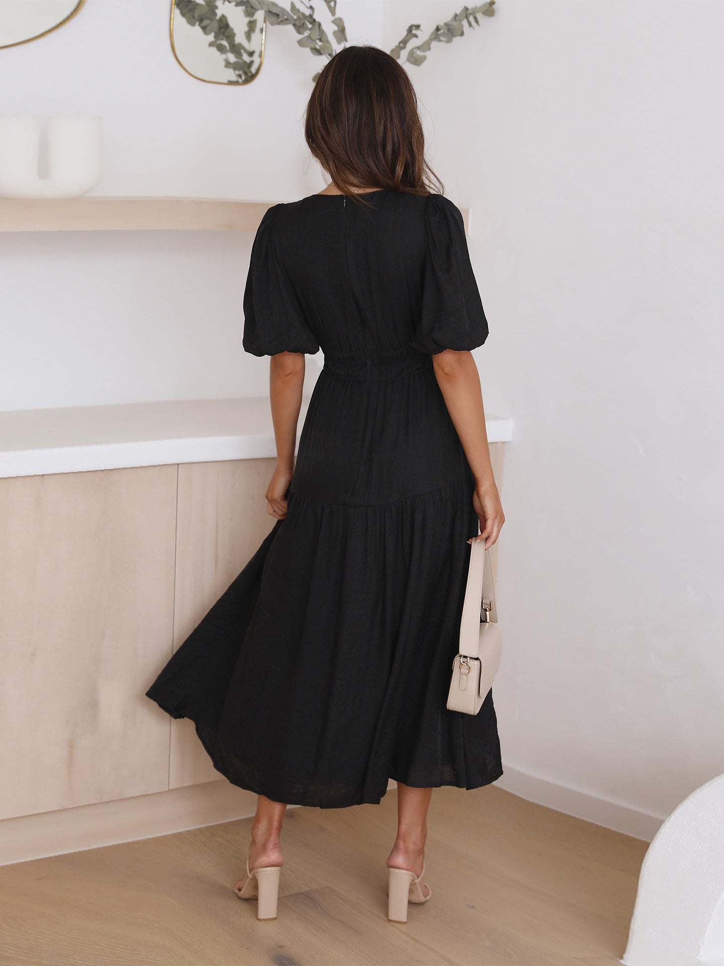 Deep V-Neck Puff Sleeve Smocked Waist Tiered Maxi Dress