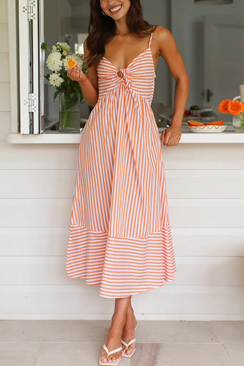 V Neck Lace-up Striped Midi Cami Dress