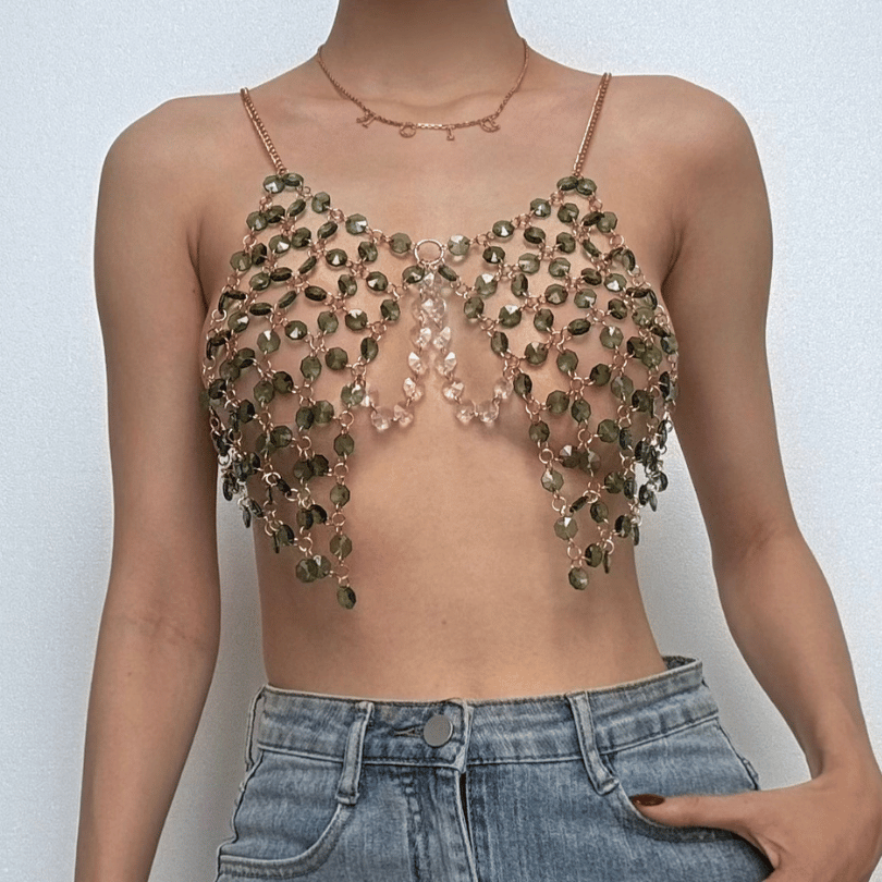 Beaded metal chain u neck backless layered cami top