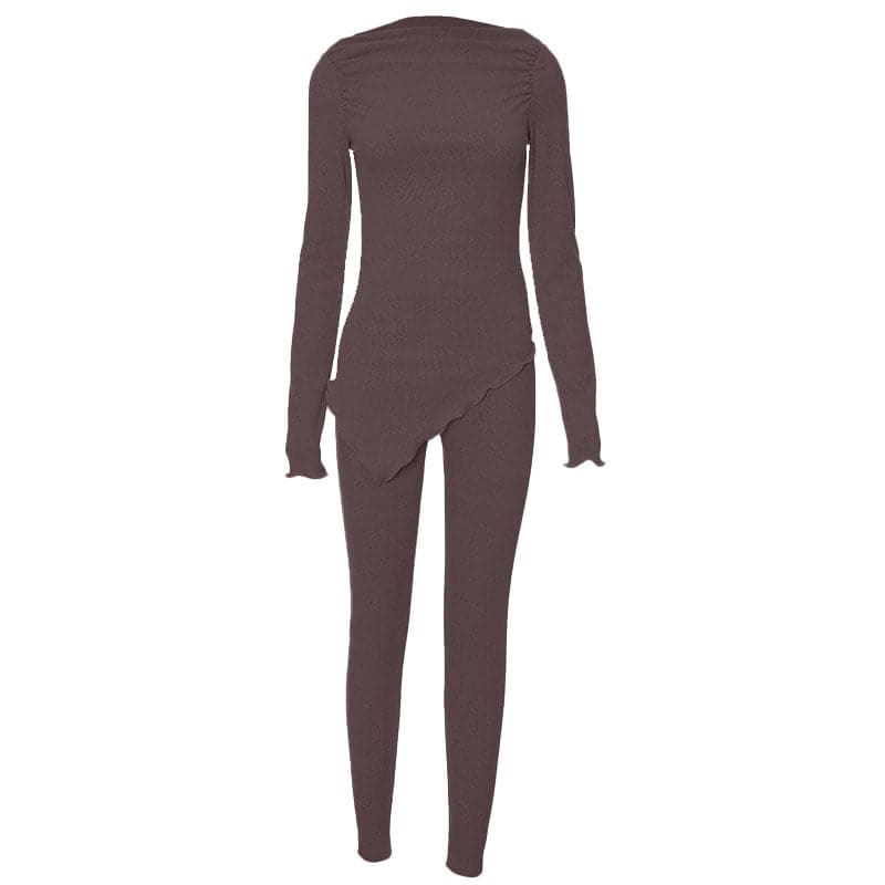 Long sleeve irregular ruched solid pant set