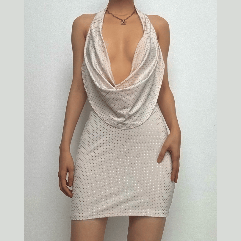 Halter cowl neck beaded low cut mini dress-final-sale